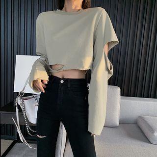 Distressed Long-sleeve Cropped Sweatshirt