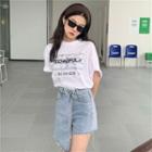 Printed Short-sleeve T-shirt / Asymmetric Frayed Denim Skort