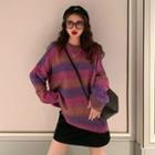 Color-block Striped Long-sleeve Knit Pullover / Plain High-waist Skirt