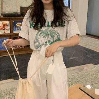 Elbow-sleeve Pumpkin Print T-shirt Light Gray - One Size