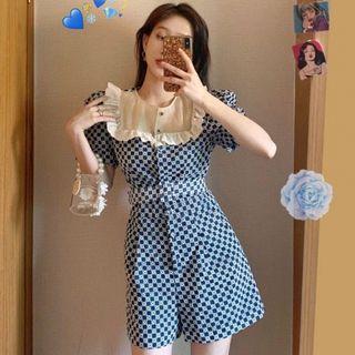 Puff-sleeve Ruffled Plaid Romper