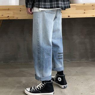 Washed Lettering Straight-cut Jeans