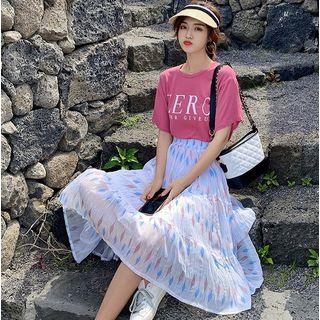 Set: Lettering Short-sleeve T-shirt + Printed Midi A-line Skirt T-shirt & Skirt - One Size