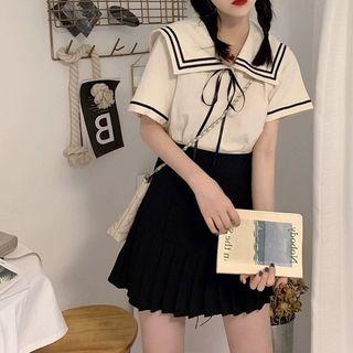 Set: Sailor Collar Short-sleeve Cropped Blouse + Accordion Pleat Skirt