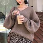 V-neck Chunky Wool Blend Knit Top Beige - One Size