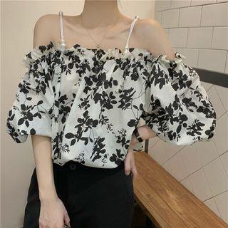 Cold-shoulder Floral Print Blouse Floral - Black & White - One Size