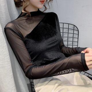 Long-sleeve Mock-neck Velvet Mesh Panel Top