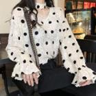 Dot V-neck Long-sleeve Blouse White - One Size