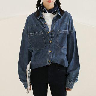 Pocket-front Long-sleeve Denim Shirt Blue - One Size