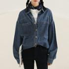 Pocket-front Long-sleeve Denim Shirt Blue - One Size