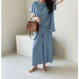 Set: Cap-sleeve Top + Band-waist Pants Sky Blue - One Size
