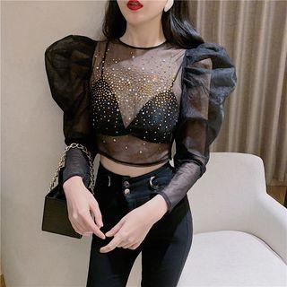 Rhinestone Puff Sleeve Crop Top
