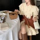 Ruffle Long-sleeve Mini Shirtdress / Faux Leather Belt