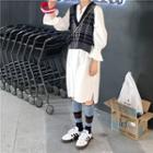 Bubble-sleeved Shirtdress / Plaid Vest