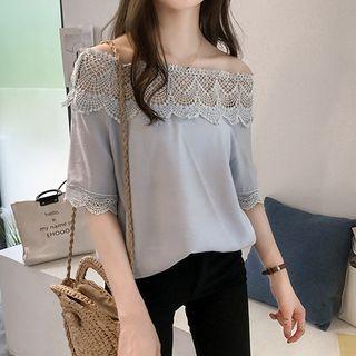 Off-shoulder Lace-panel Chiffon Top
