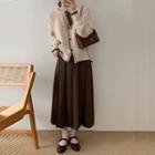 Contrast Trim Knit Cardigan / Pleated Midi Skirt / Set