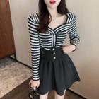 Long-sleeve Striped Knit Top / High-waist Mini A-line Skirt