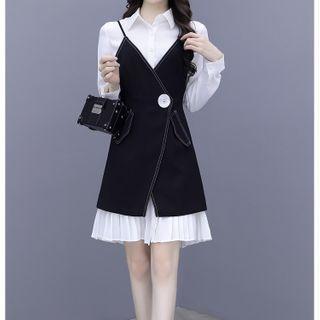 Set: Long-sleeve Pleated Mini A-line Shirtdress + Spaghetti Strap Mini A-line Dress