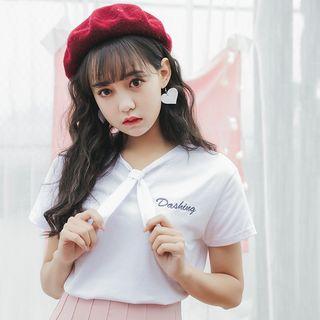 Short-sleeve Letter T-shirt / Pleated Mini Skirt