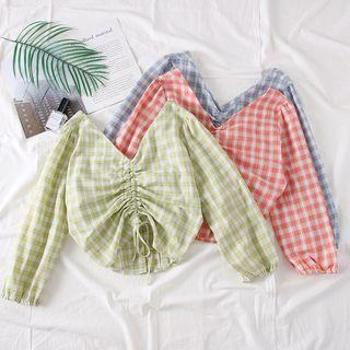 Reversible Drawstring Plaid Blouse