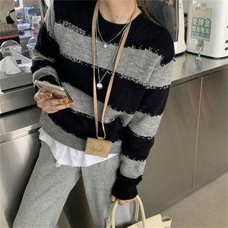 Long-sleeve Striped Knit Top Stripe - Gray & Black - One Size