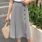 Plaid Buttoned Side-slit Midi A-line Skirt