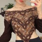 Floral Print V Neck Off Shoulder Long Sleeve Top