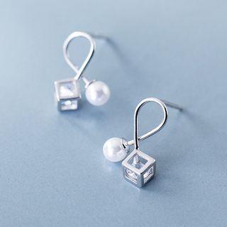 925 Sterling Silver Faux Pearl Caged Rhinestone Earring Silver - One Size