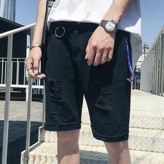 Hoop-accent Ripped Denim Shorts