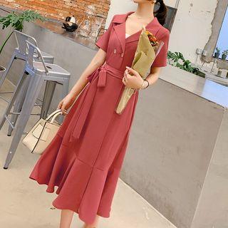 Double Breasted Short-sleeve Shirt / Midi A-line Skirt