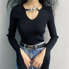 V-neck Plain Knit Long-sleeve Top With Chain