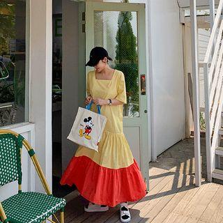 Square-neck Two-tone Maxi Tiered Dress