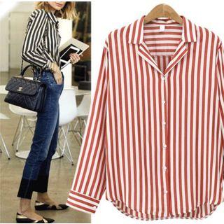 Single-breasted Long-sleeved Striped V-neckopen-front Blouse
