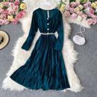 Square-neck Velvet Pleated Long-sleeve Dress