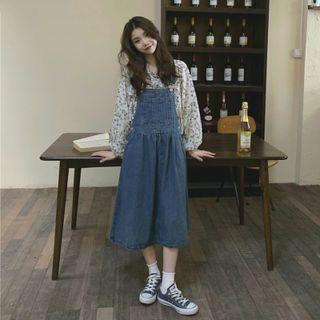 Floral Blouse / Denim Midi Overall Dress