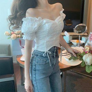 Plain Off-shoulder Ruffle Lace-up Top