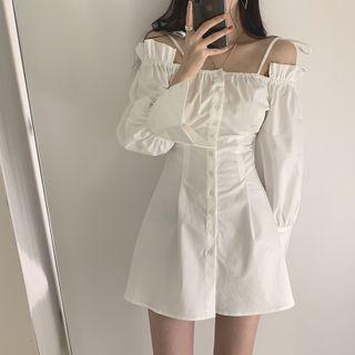 Cold-shoulder Long-sleeve Button Mini A-line Dress