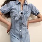 Plain Single-breasted Lace-up Short-sleeve Denim Dress