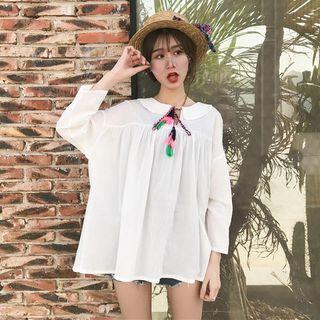 Sheer Long-sleeve Collared Top