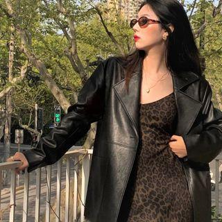 Faux Leather Blazer / Sleeveless Leopard Dress