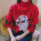 Turtle-neck Christmas-pattern Sweater Red - One Size