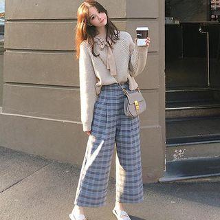 Set: Plain Sweater + Plaid Wide Leg Pants