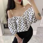 Off-shoulder Dotted Elbow-sleeve Top Dots - White - One Size
