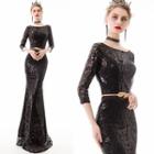 Sequined 3/4-sleeve Mermaid Evening Gown