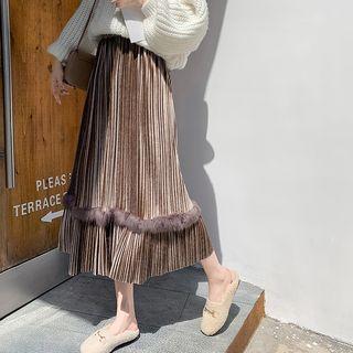 Furry Trim Pleated Midi Skirt