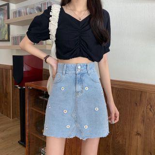 Daisy Embroidered Denim Mini Skirt