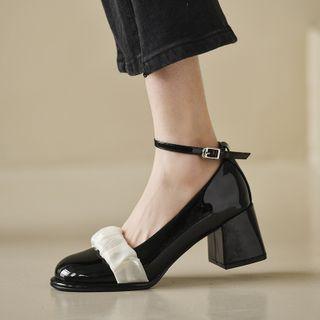 Chunky Heel Patent Shirred Sandals