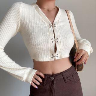 V-neck Hook-closure Knit Crop Top