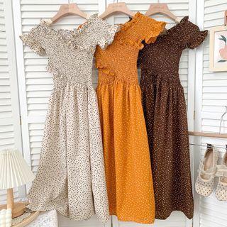 Boatneck Smocked Dotted Midi Dress In 10 Colors
