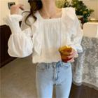 Long-sleeve Square-neck Lace Blouse White - One Size